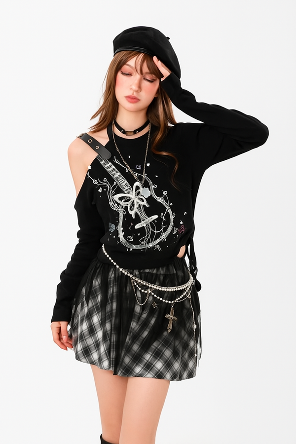 y2k-kawaii-fashion-Black Off Shoulder Top-Pinky Dollz