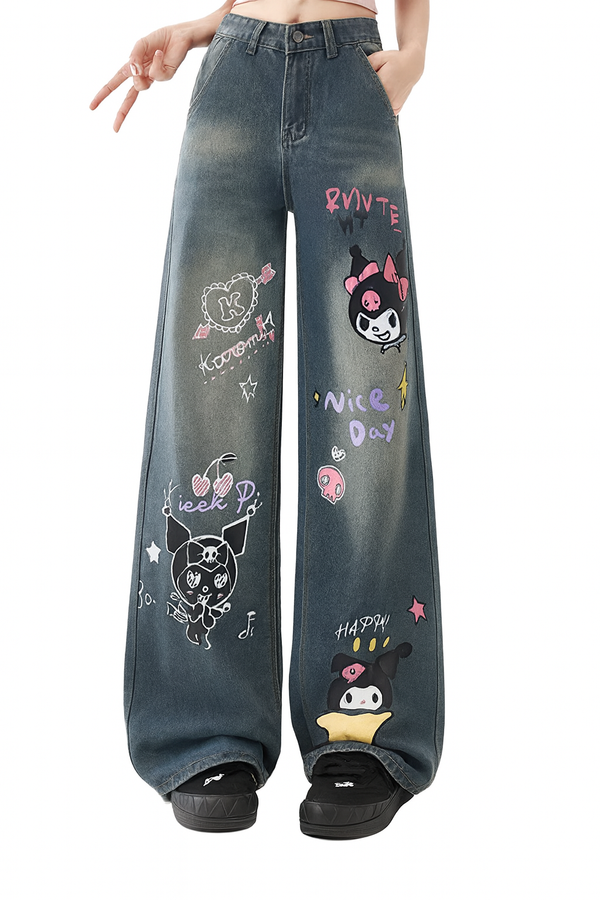y2k-kawaii-fashion-Kuromi Wide Leg Denim Jeans-Pinky Dollz