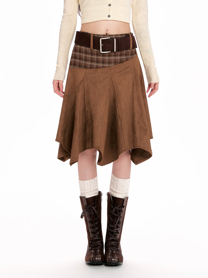 y2k-kawaii-fashion-Plaid Panel Asymmetrical Midi Skirt-Pinky Dollz