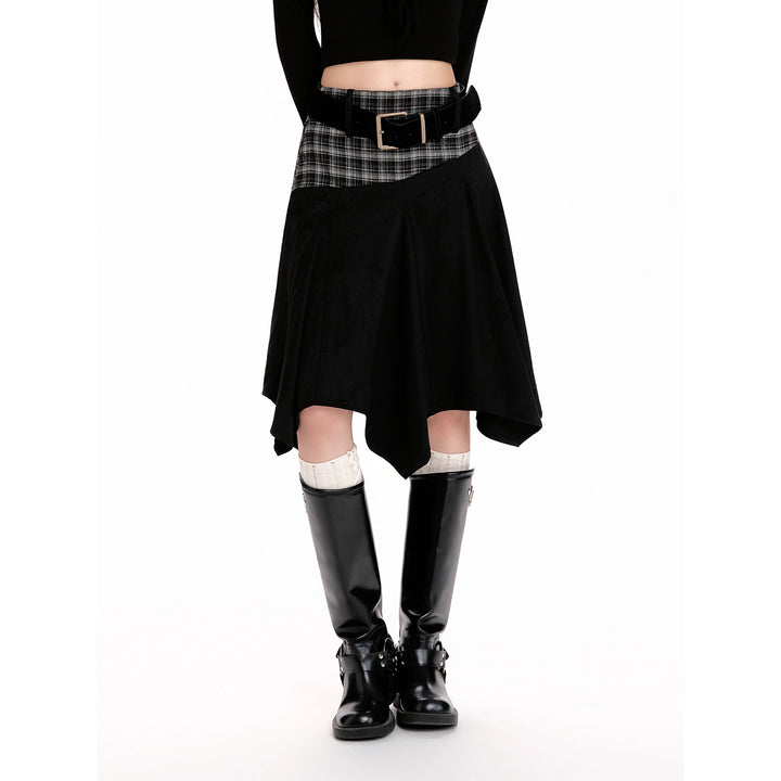 y2k-kawaii-fashion-Plaid Panel Asymmetrical Midi Skirt-Pinky Dollz