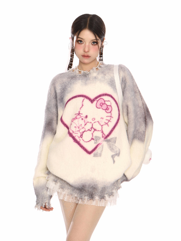 y2k-kawaii-fashion-Hello Kitty Heart Fuzzy Sweater-Pinky Dollz