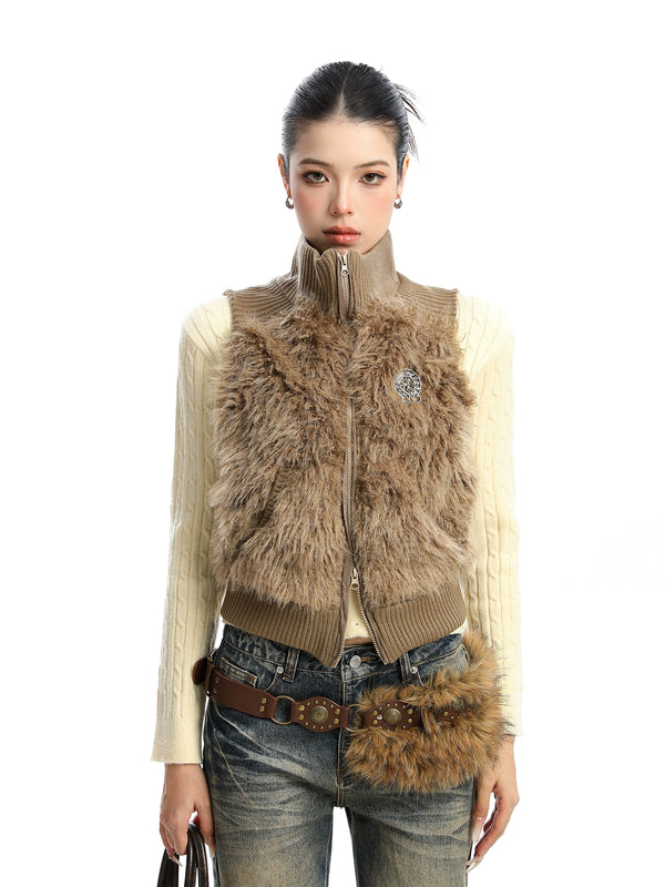 y2k-kawaii-fashion-Fuzzy Wool Turtleneck Zip Vest-Pinky Dollz
