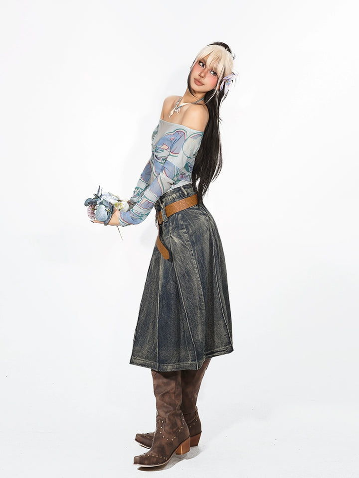 y2k-kawaii-fashion-Vintage Pleated Denim Midi Skirt-Pinky Dollz