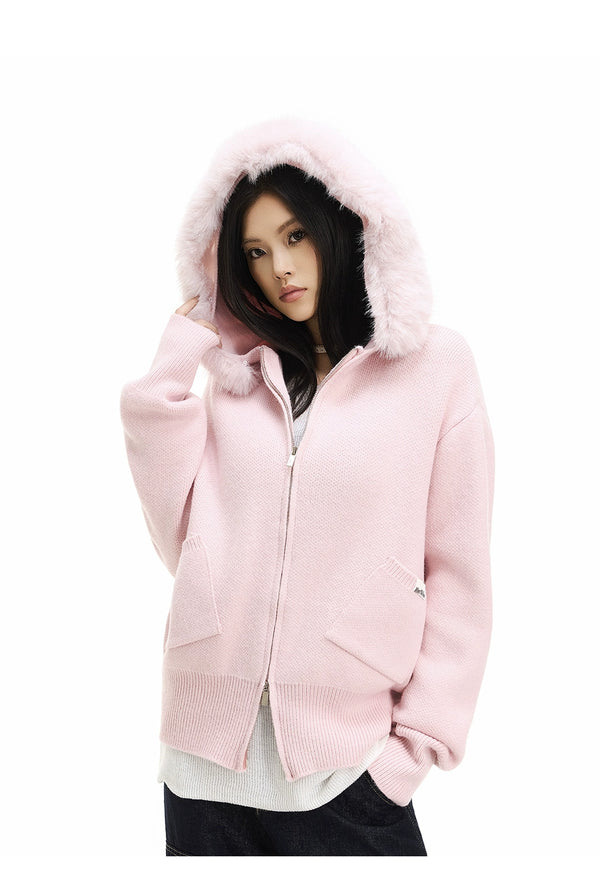 y2k-kawaii-fashion-Faux-Fur Hooded Cardigan with Detachable Plush Collar-Pinky Dollz