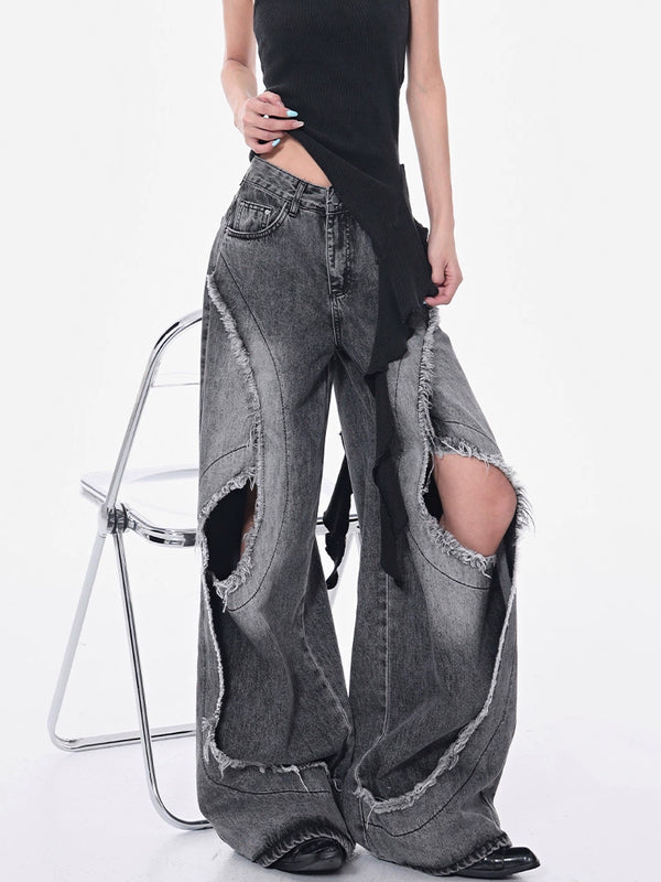 y2k-kawaii-fashion-Distressed Ruffle Trim Wide-Leg Jeans-Pinky Dollz