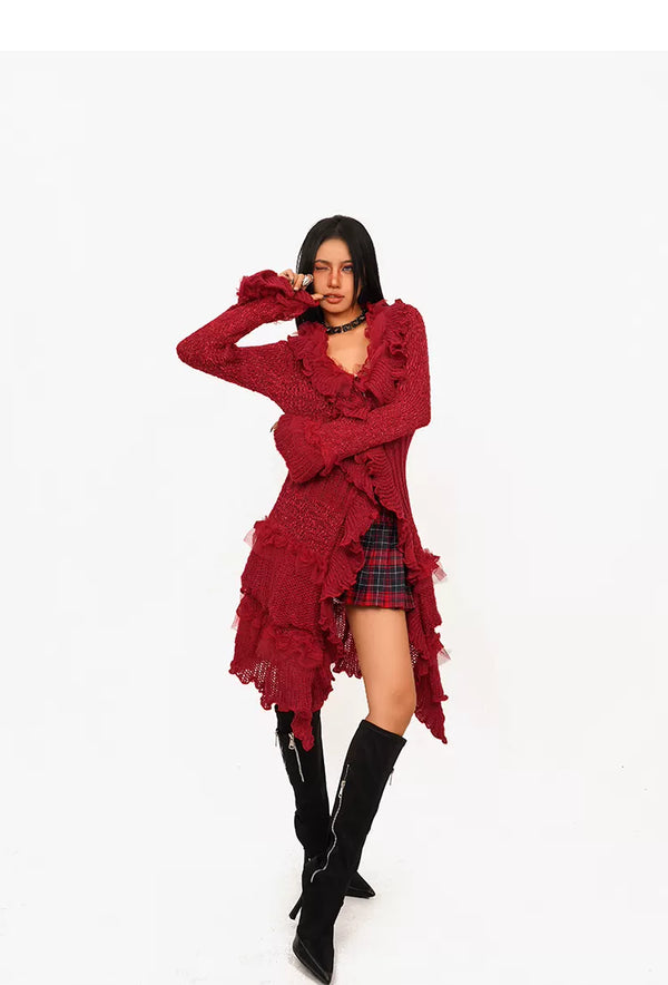 y2k-kawaii-fashion-Long Ruffle Knit Cardigan-Pinky Dollz