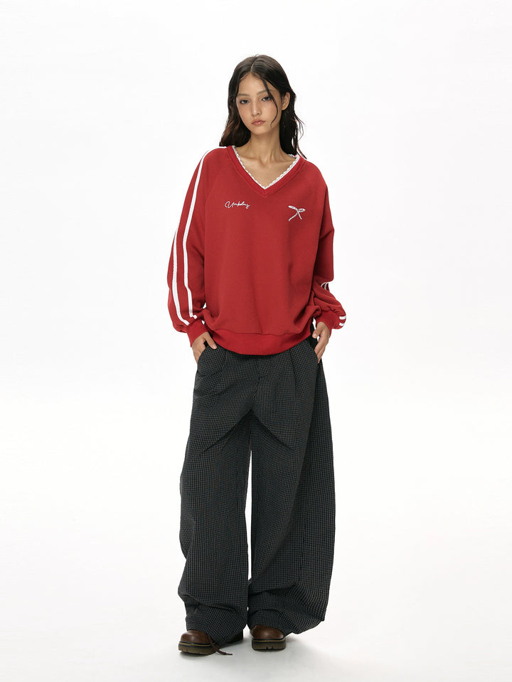 y2k-kawaii-fashion-Lace-Trim Striped V-Neck Long Sleeve Top-Pinky Dollz