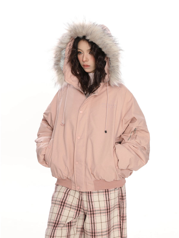 y2k-kawaii-fashion-Faux Fur Collar Bomber Jacket-Pinky Dollz