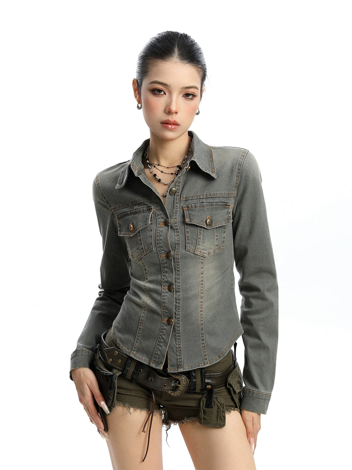 y2k-kawaii-fashion-Washed Fitted Denim Shirt-Pinky Dollz