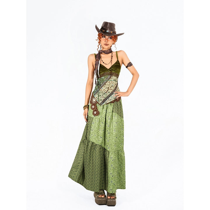 y2k-kawaii-fashion-Green Patchwork Maxi Dress-Pinky Dollz