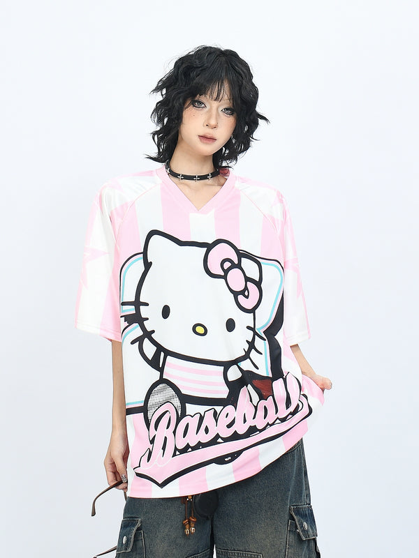 y2k-kawaii-fashion-Hello Kitty Baseball T Shirt-Pinky Dollz