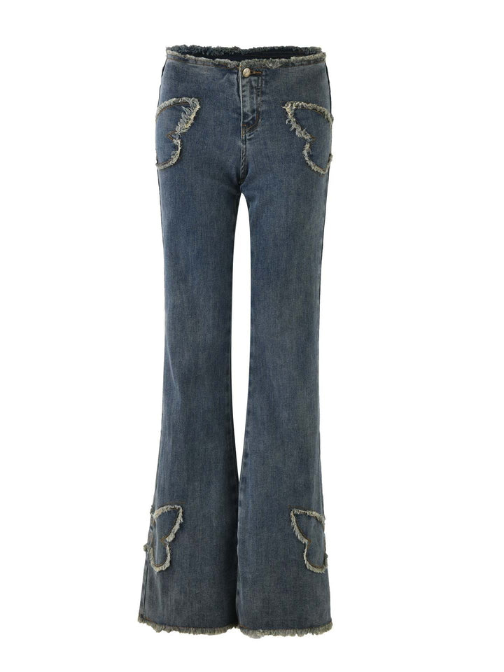 y2k-kawaii-fashion-Frayed Butterfly Flare Jeans-Pinky Dollz