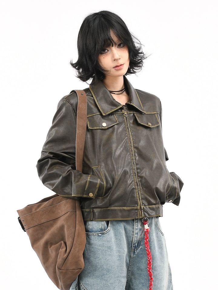 y2k-kawaii-fashion-Brown Leather Jacket-Pinky Dollz