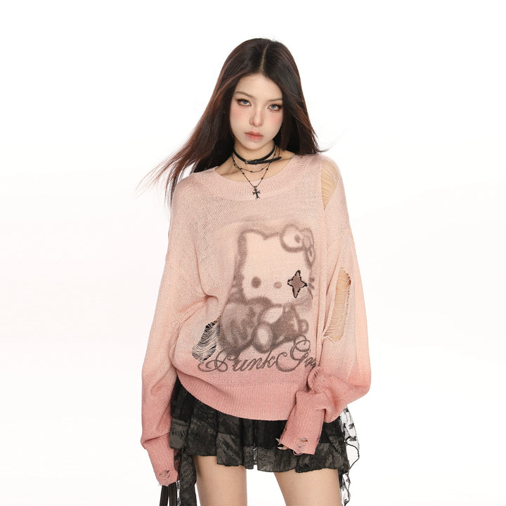 y2k-kawaii-fashion-Hello Kitty Punk Girls Distressed Knit Sweater-Pinky Dollz
