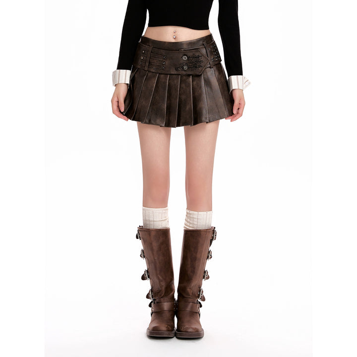 y2k-kawaii-fashion-Vintage Pleated Leather Mini Skirt-Pinky Dollz