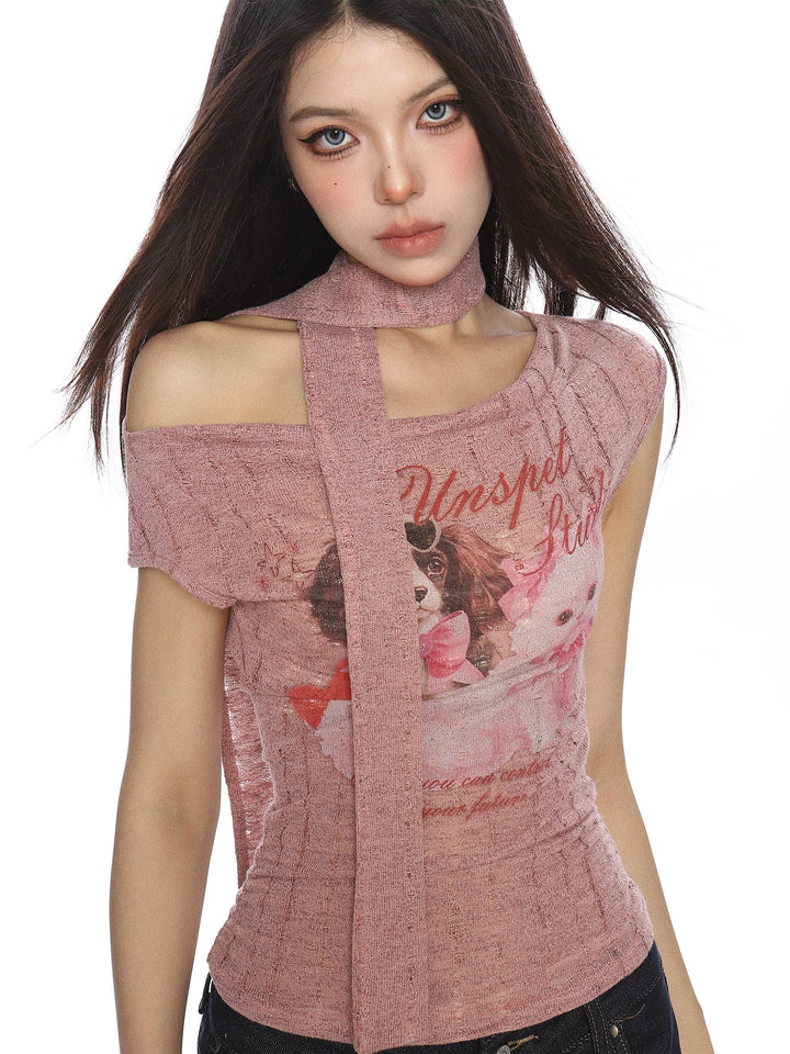 y2k-kawaii-fashion-Puppy Graphic Knit Top with Scarf-Pinky Dollz