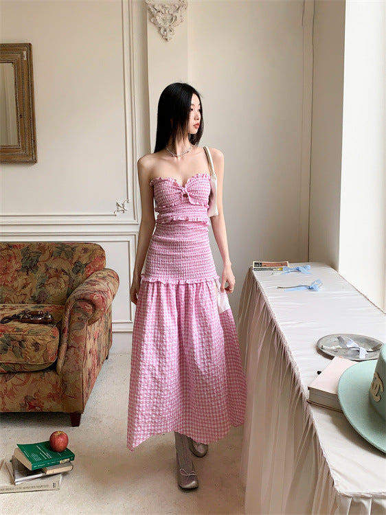 pink plaid maxi dress Womens Plaid Maxi Dress Tie Straps Smocked Elastic Tops Tiered Flowy Gingham Bohemian Casual Summer Sexy Sun Dresses