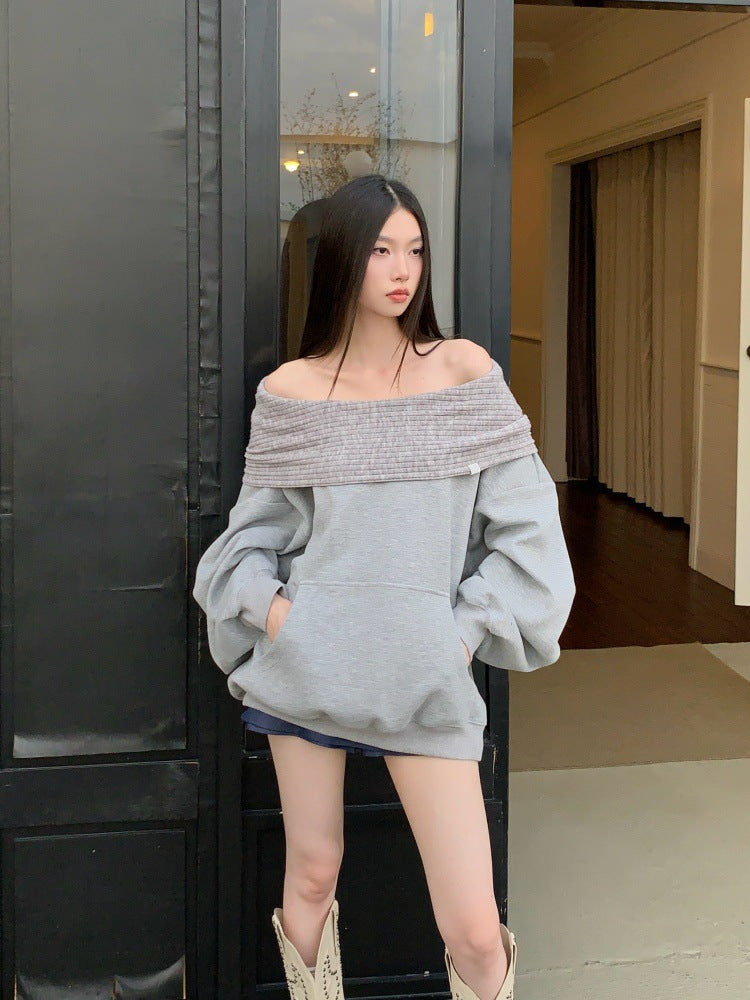 Grey Off-Shoulder Hooded Sweatshirt – Korean Street Style | Pinky