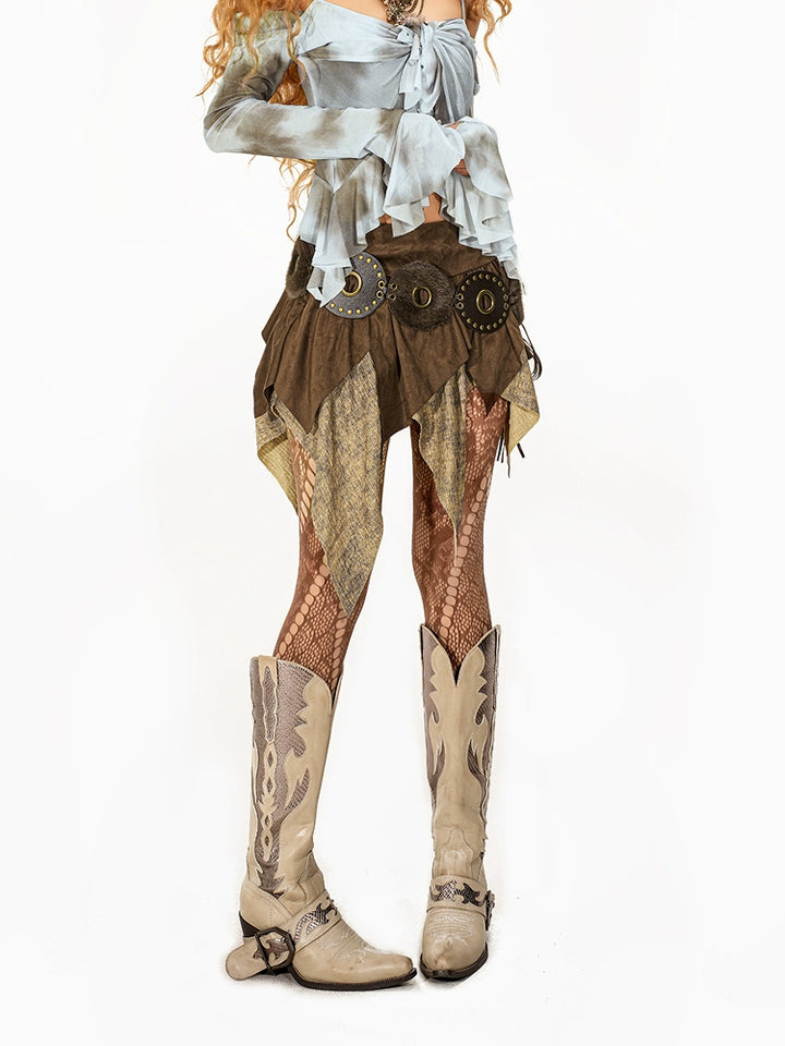 y2k-kawaii-fashion-Boho Patchwork Asymmetric Mini Skirt-Pinky Dollz