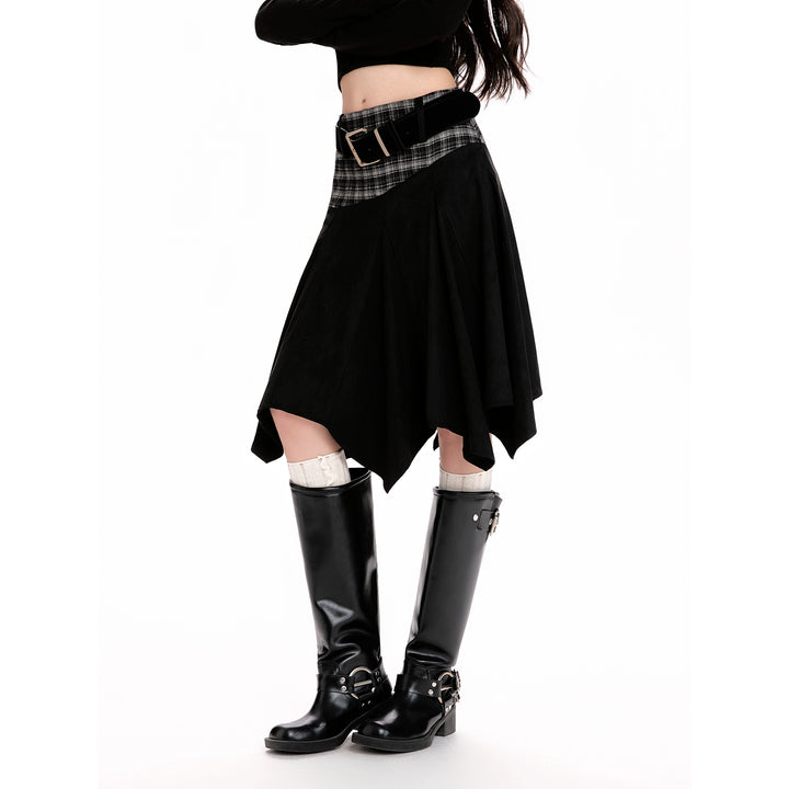 y2k-kawaii-fashion-Plaid Panel Asymmetrical Midi Skirt-Pinky Dollz