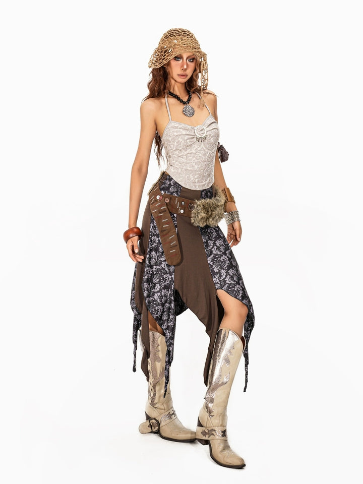 y2k-kawaii-fashion-Brown Asymmetrical Boho Skirt-Pinky Dollz