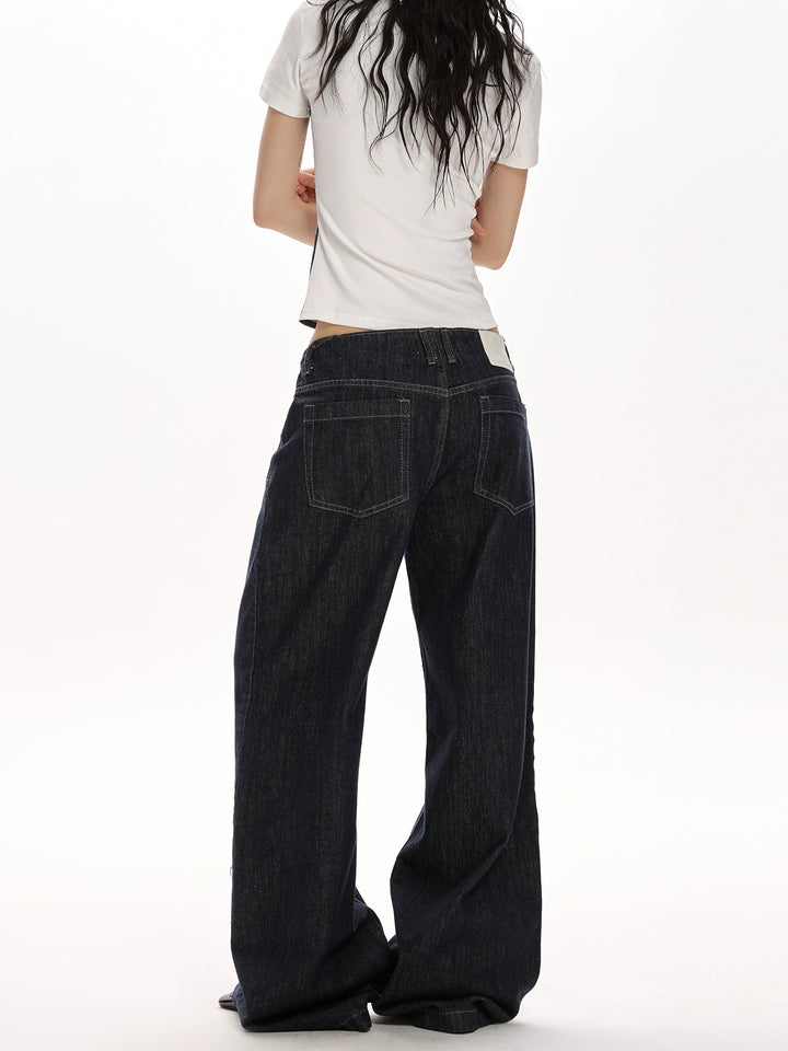 y2k-kawaii-fashion-Dark Blue Low-Waist Straight Leg Jeans-Pinky Dollz