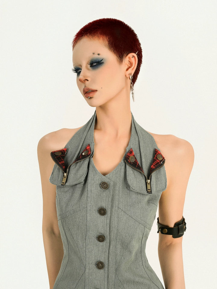 y2k-kawaii-fashion-Grey Utility Plaid Vest-Pinky Dollz