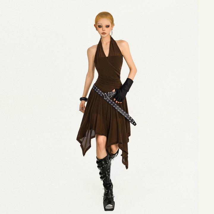 y2k-kawaii-fashion-Brown Halter Asymmetrical Dress-Pinky Dollz
