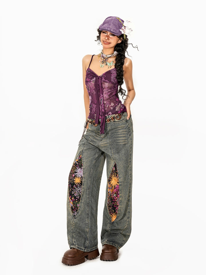 y2k-kawaii-fashion-Mesh Floral Lace-Up Camisole Top-Pinky Dollz