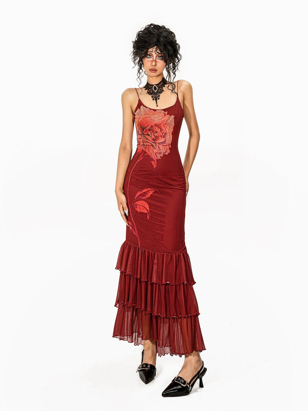 y2k-kawaii-fashion-Red Rose Ruffle Maxi Dress-Pinky Dollz