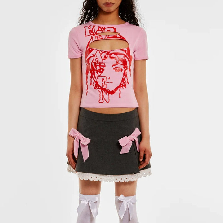 y2k-kawaii-fashion-Pink Cut-Out Graphic Baby T Shirt-Pinky Dollz