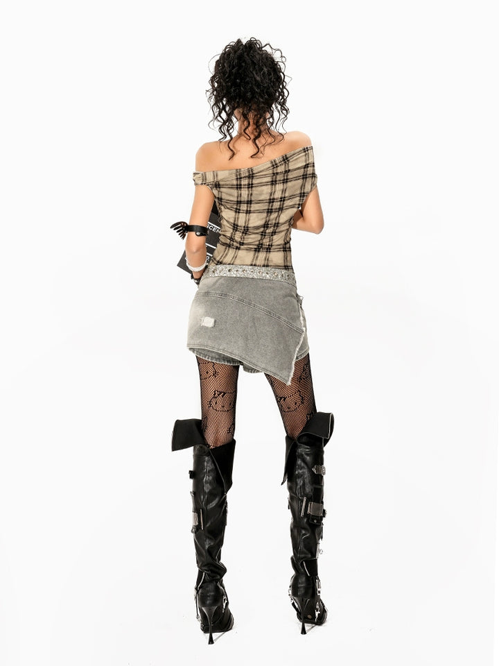 y2k-kawaii-fashion-Grey Asymmetric Denim Mini Skirt-Pinky Dollz