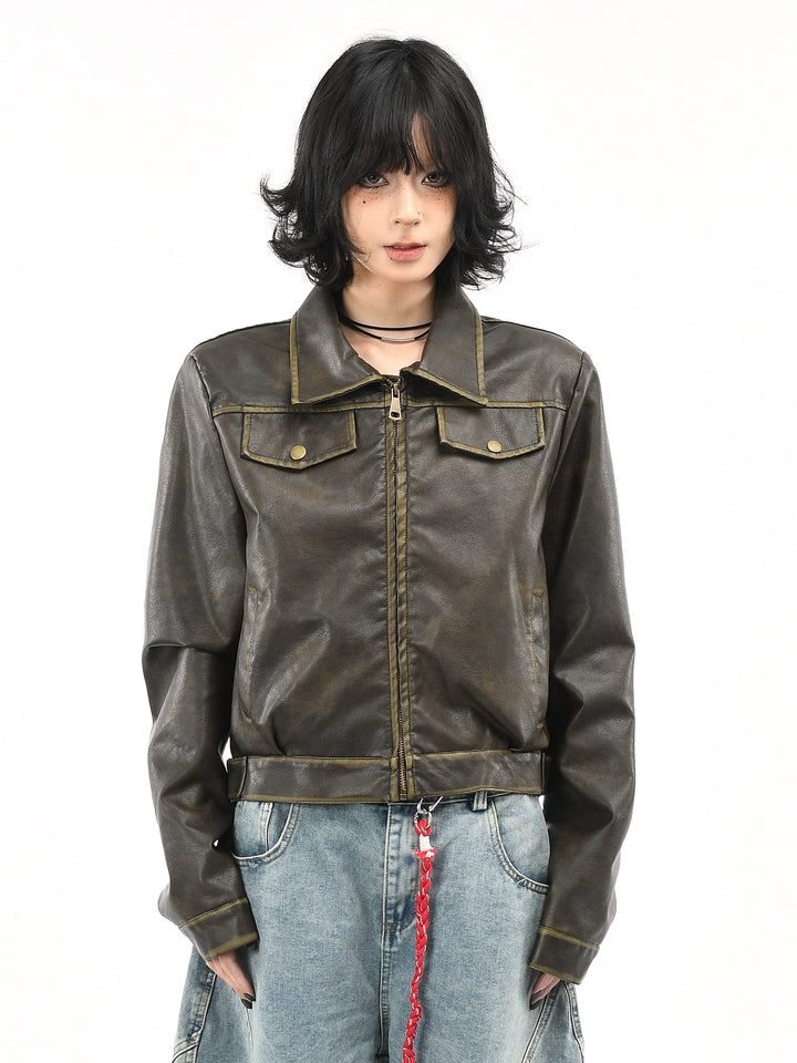 y2k-kawaii-fashion-Brown Leather Jacket-Pinky Dollz