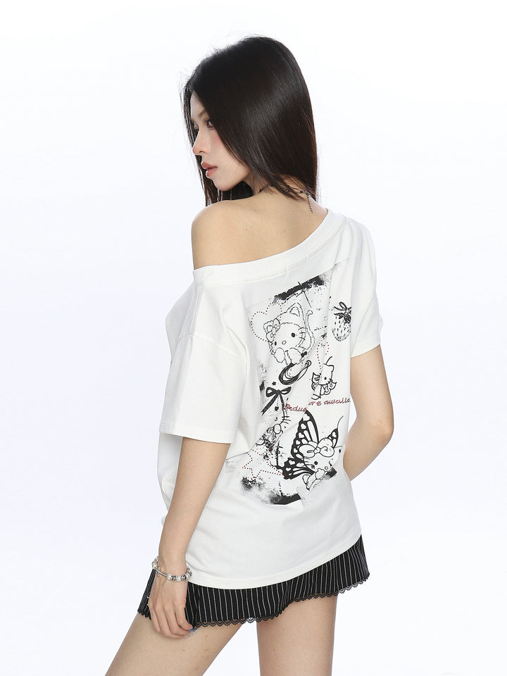 y2k-kawaii-fashion-White Hello Kitty Off-Shoulder Tee-Pinky Dollz