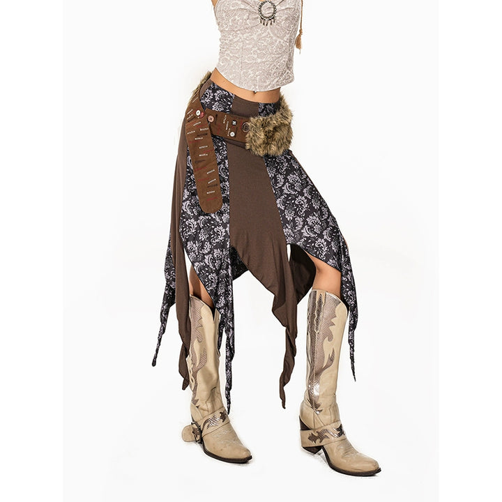 y2k-kawaii-fashion-Brown Asymmetrical Boho Skirt-Pinky Dollz