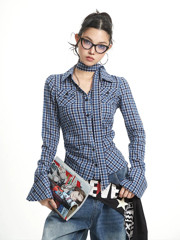 y2k-kawaii-fashion-Cyber Plaid Cutout Choker Shirt-Pinky Dollz