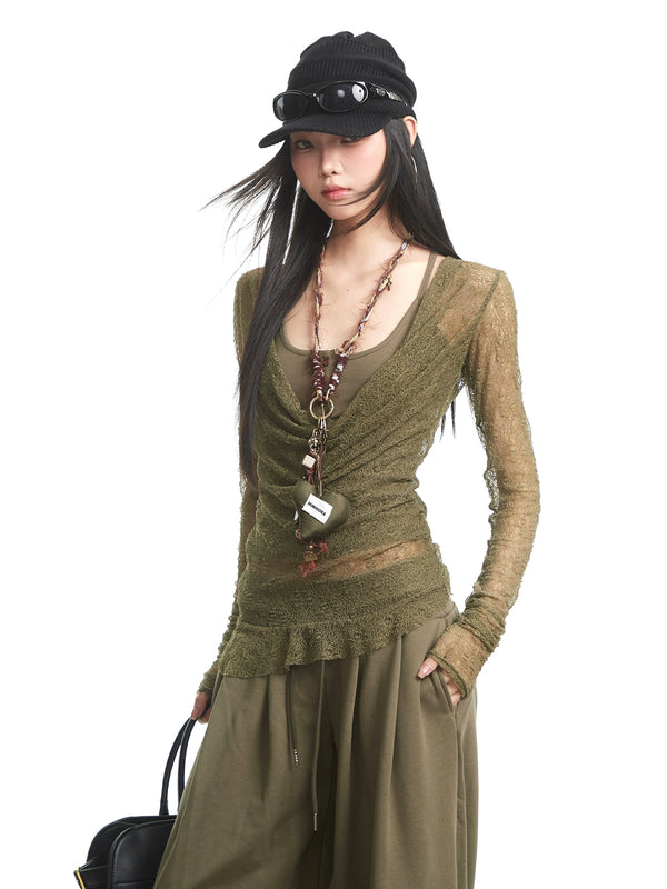 y2k-kawaii-fashion-Olive Sheer Lace Ruched Top-Pinky Dollz