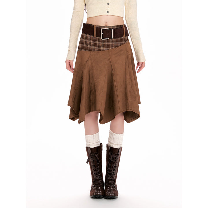 y2k-kawaii-fashion-Plaid Panel Asymmetrical Midi Skirt-Pinky Dollz