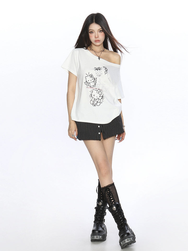 y2k-kawaii-fashion-White Hello Kitty Off-Shoulder Tee-Pinky Dollz