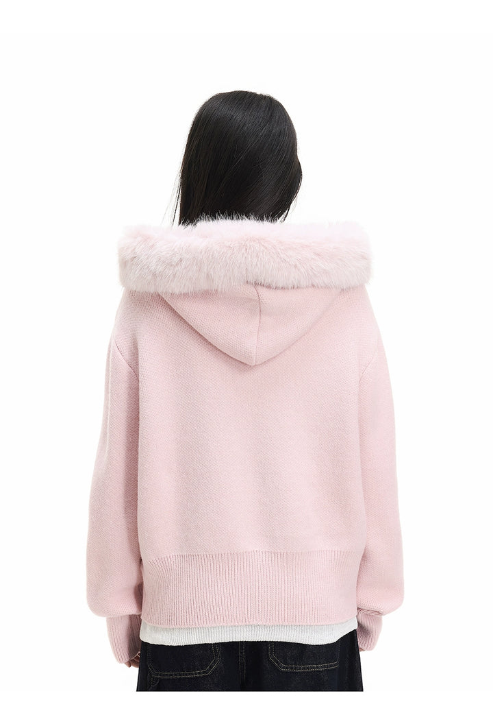 y2k-kawaii-fashion-Faux-Fur Hooded Cardigan with Detachable Plush Collar-Pinky Dollz