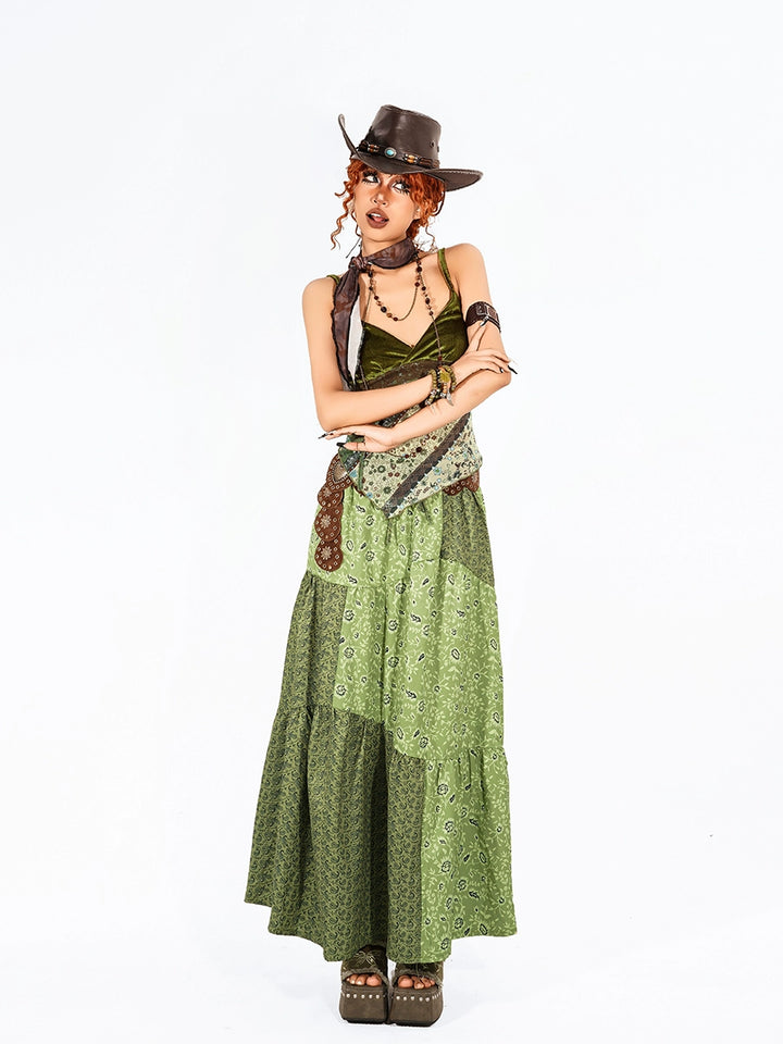 y2k-kawaii-fashion-Green Patchwork Maxi Dress-Pinky Dollz