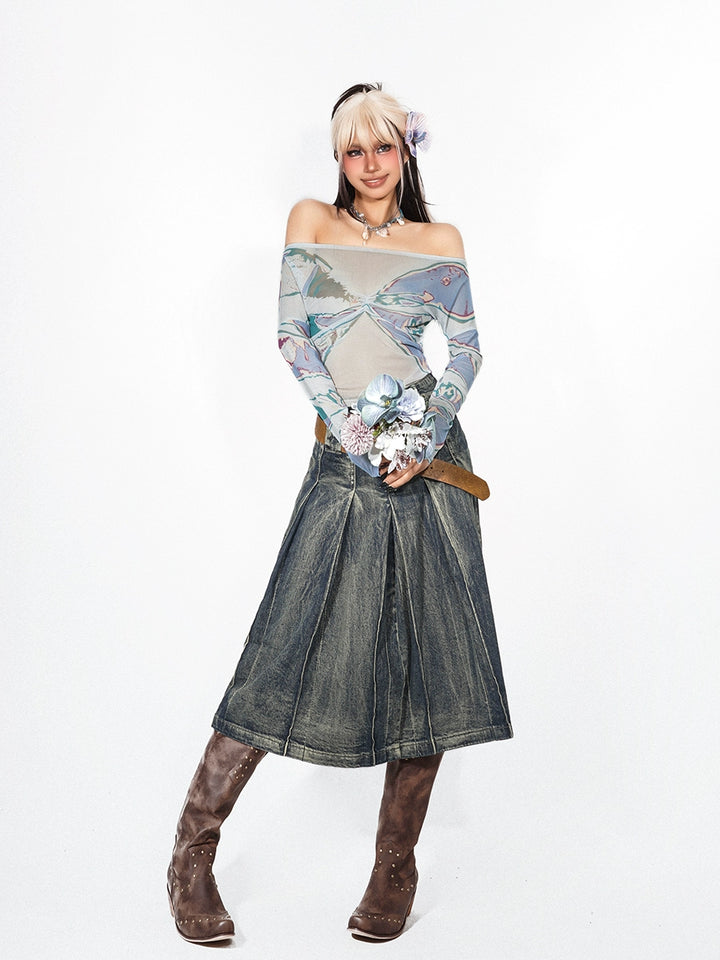 y2k-kawaii-fashion-Vintage Pleated Denim Midi Skirt-Pinky Dollz