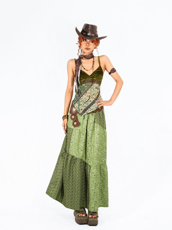 y2k-kawaii-fashion-Green Patchwork Maxi Dress-Pinky Dollz