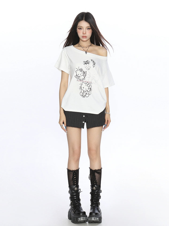 y2k-kawaii-fashion-White Hello Kitty Off-Shoulder Tee-Pinky Dollz