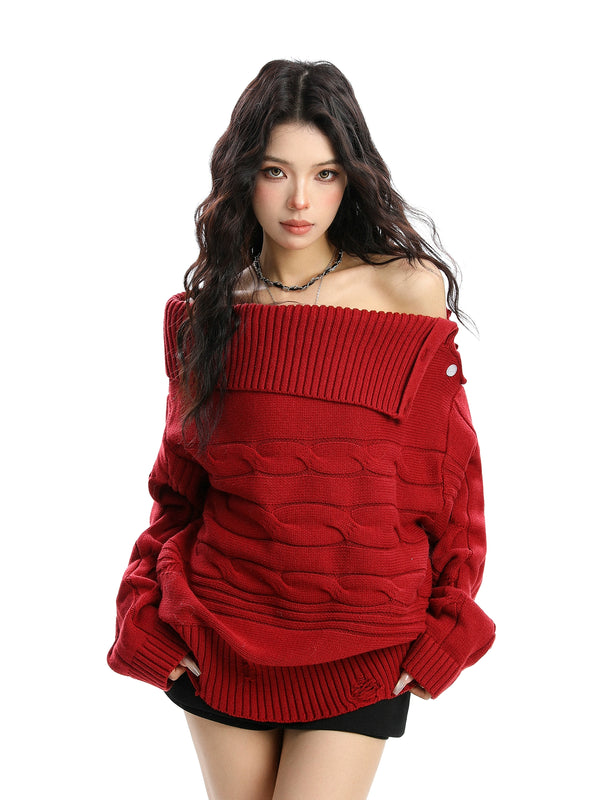 y2k-kawaii-fashion-Off-Shoulder Knit Sweater-Pinky Dollz