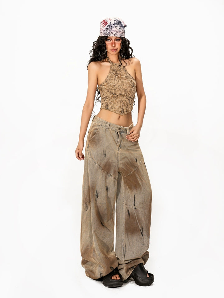 y2k-kawaii-fashion-Brown Textured Halter Top-Pinky Dollz