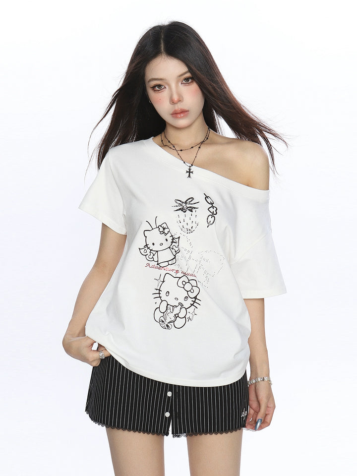 y2k-kawaii-fashion-White Hello Kitty Off-Shoulder Tee-Pinky Dollz
