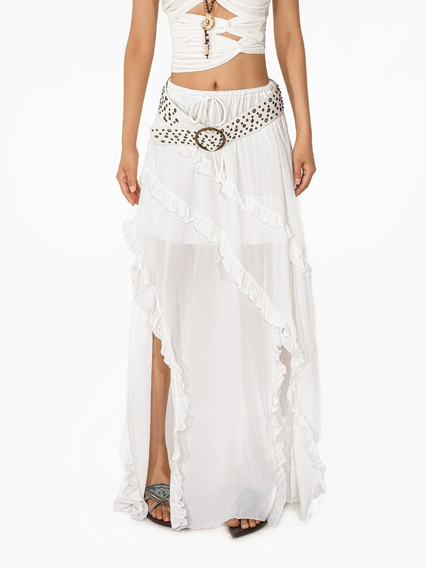 y2k-kawaii-fashion-White Boho Ruffle Maxi Skirt-Pinky Dollz