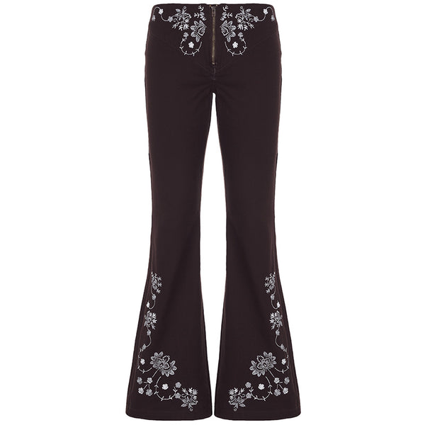 y2k-kawaii-fashion-Boho Embroidered Black Flare Jeans-Pinky Dollz