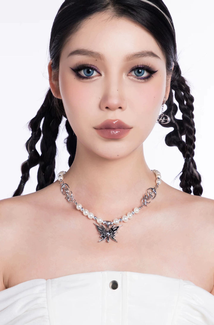 y2k-kawaii-fashion-Butterfly Pearl Choker-Pinky Dollz